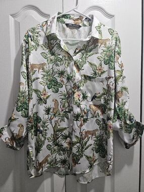 Zara White Tropical Jungle Print Long Sleeve Blouse